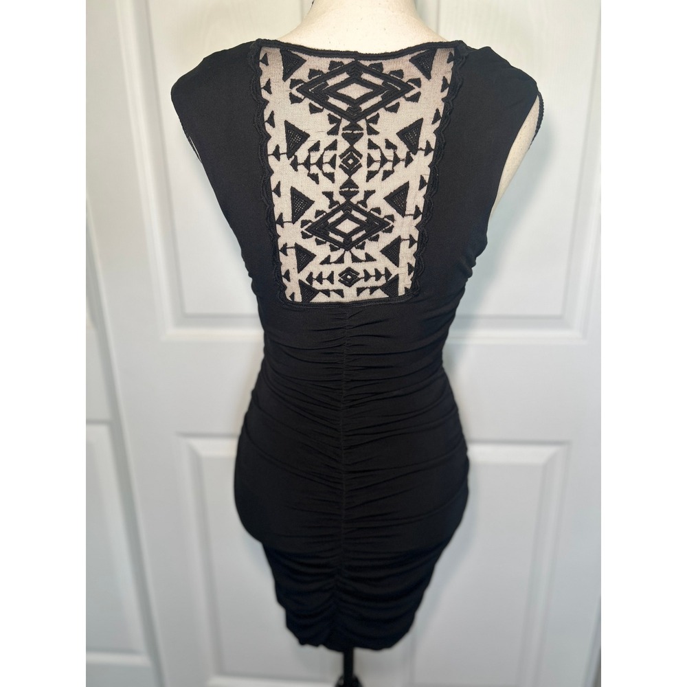 Maurices Bodycon Dress XS Black Cowl Neck Ruched Geometric Mesh Back Mini LBD